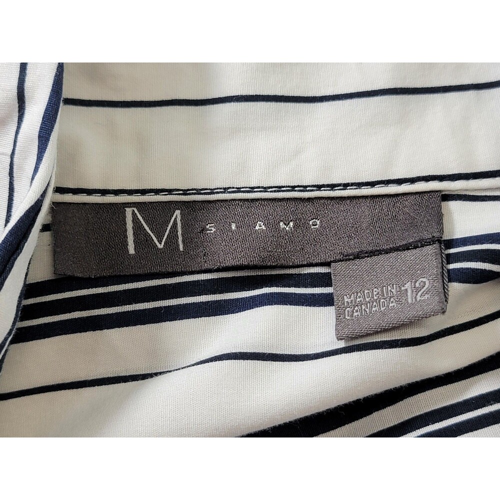 M‎ Siamo 12 Navy White Striped Ruffle Button Down Blouse Shirt Top Stretch EUC - Picture 10 of 12